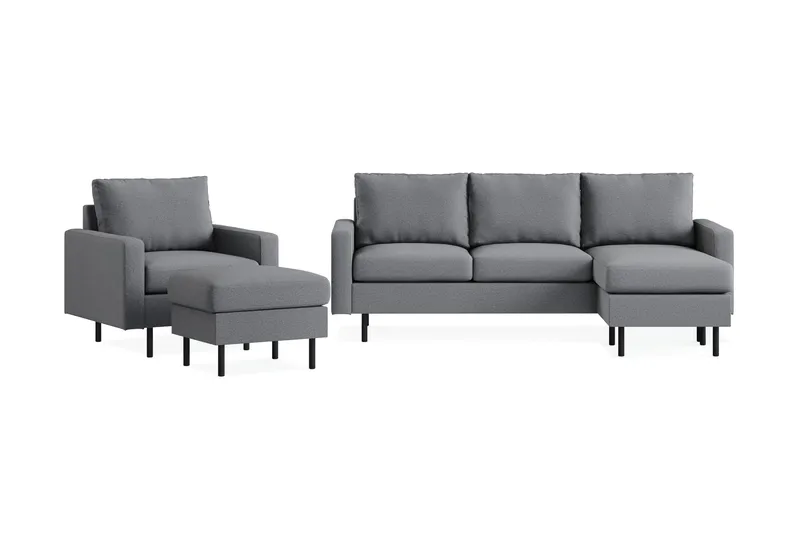 Peppe Sofagruppe 3-seters Vendbar L-formet Sjeselongsofa + Lenestol + Fotskammel i Stoff, Lys grå