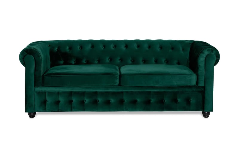 Chesterfield Lyx 3-seters framoverutslått sovesofa med HVILA overmadrass 140x200 cm polyesterskum vendbar sommer- og vinterside og vaskbart trekk, Grønn