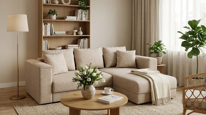Bergen Ekstra dyp, 3-seters sovesofa med vendbar sjeselong og oppbevaring - Beige - Møbler - Sofaer - Sovesofaer