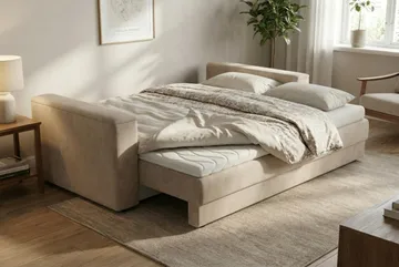 Bergen Ekstra dyp 3-seters sovesofa med overmadrass i polyeterskum og vaskbart trekk - Beige - Møbler - Sofaer - Sovesofaer