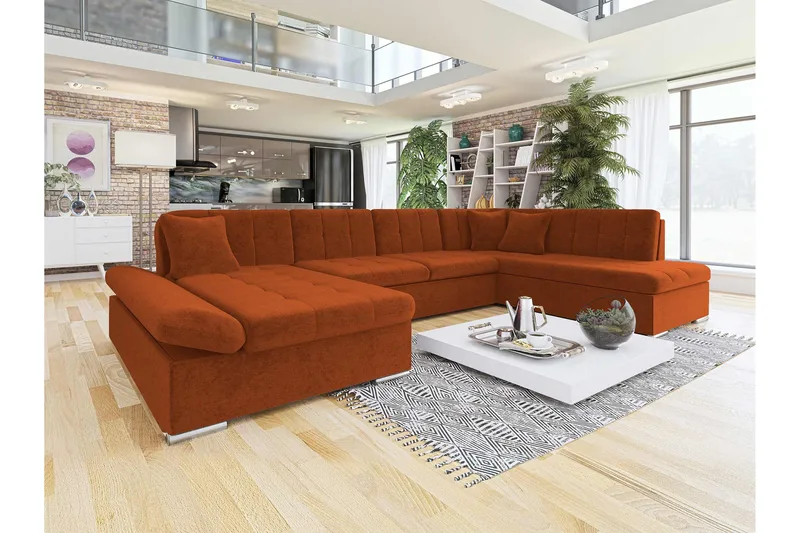 Zumar Sovesofa med Sjeselong og Dobbel Sjeselong 4-seter i Chenille - Oransje - Møbler - Sofaer - Sovesofaer - Sovesofa divan