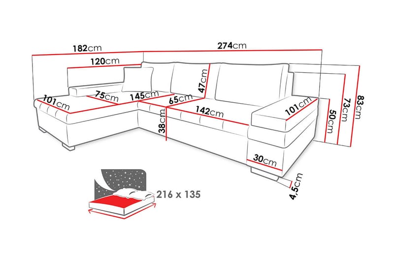 Sovesofa med divan - Svart - Møbler - Sofaer - Sovesofaer