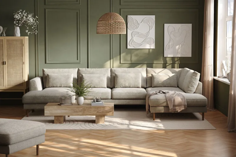 Florenz 4-seters Høyrevendt U-formet Sofa med Divan og Sjeselong i Chenille - Grå/Beige - Møbler - Sofaer - U-sofa
