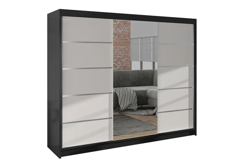 Cyria Garderobe med romslig Oppbevaring og Skyvedører med Speil 200x215 cm, Hvit/Svart