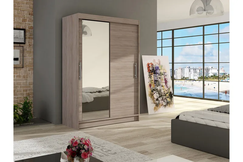 Estella Garderobe Skyvedører Speil - Eik - Oppbevaring - Klesoppbevaring - Garderober & garderobesystem