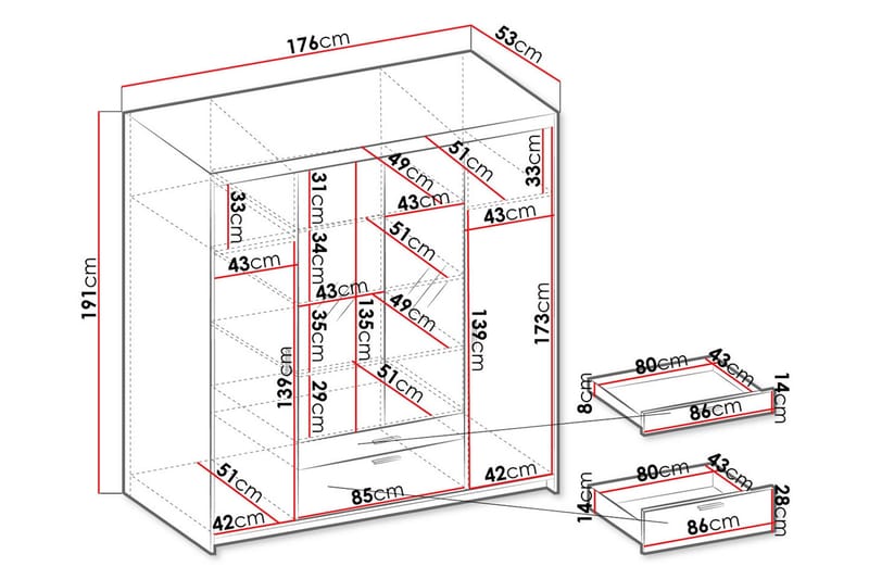 Norrbyn Garderobe med Speil 53x190x176,3 cm - Hvit - Oppbevaring - Klesoppbevaring - Garderober & garderobesystem