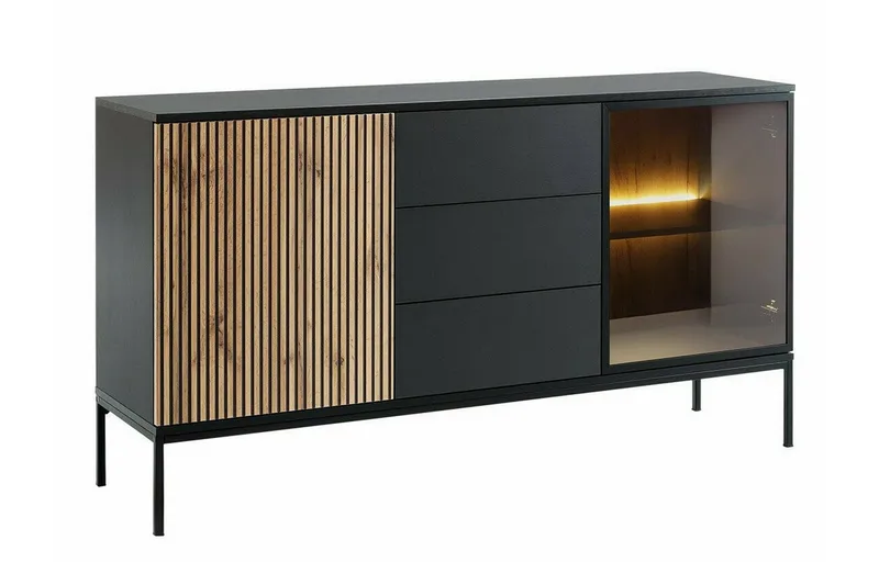 Klinkerville Lavt Vitrineskap Display med belysning 39 cm dybde, Svart Tre / Glass / Ribbet