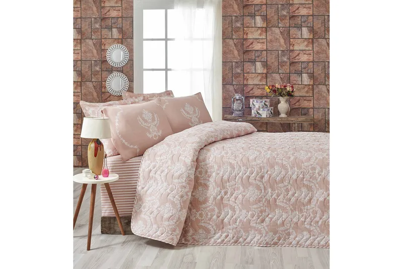 Eponj Home Sengeteppe Enkelt 160x220+Putetrekk Quiltet, Rosa/Hvit
