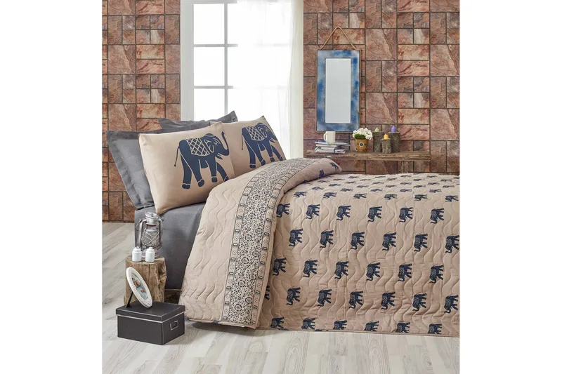 Eponj Home Sengeteppe Enkelt 160x220+Putetrekk Quiltet, Blå/Ljusbrun
